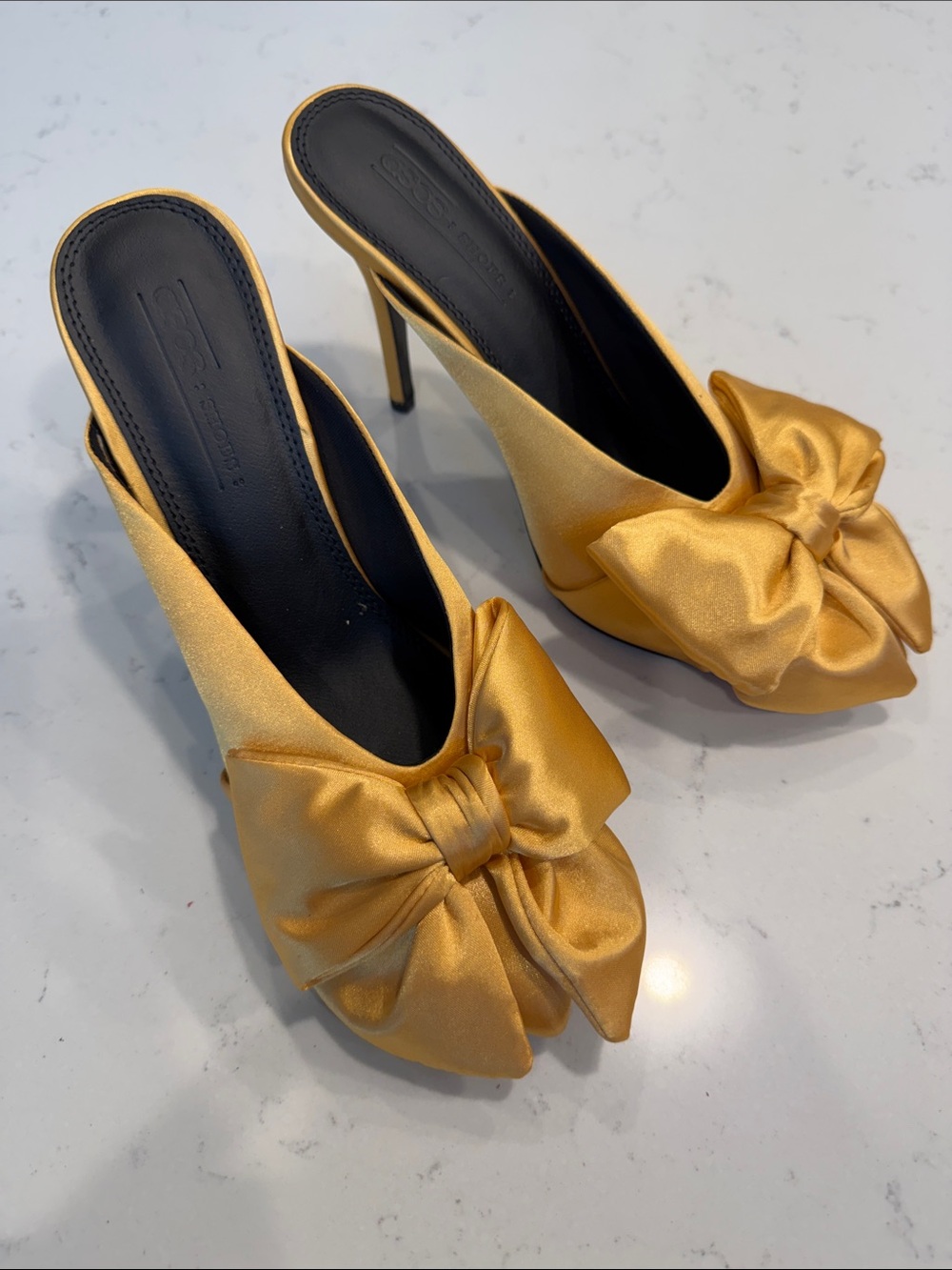 ASOS Gold Satin Bow Stiletto Mules